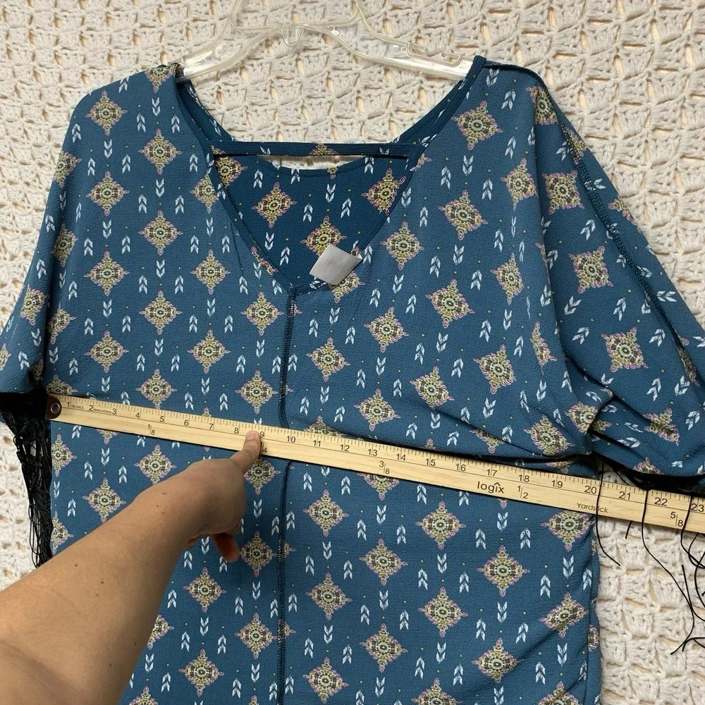 Wrangler Top Women Sz S Kimono Poncho Shawl With Fringe Blue Aztec Print Western - Picture 3 of 7